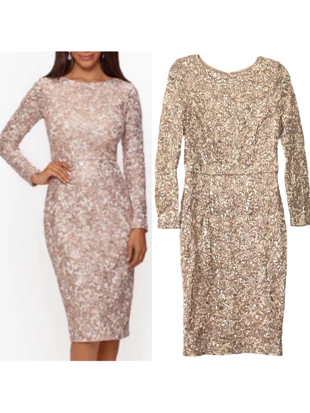 Xscape Rose Gold Sequin Lace Long Sleeve Sheath Dress SZ 10 Formal Midi